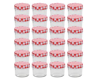 Stekleni kozarci z belimi in rdečimi pokrovi 24 kosov 110 ml