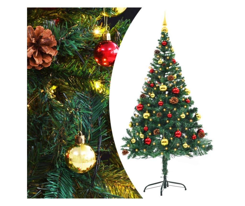 Umjetno božićno drvce s kuglicama i LED svjetlima zeleno 150 cm 