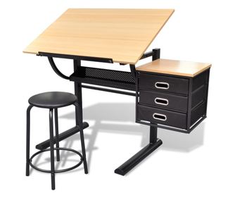 Κεκλιμένο Τραπέζι Σχεδίασης με Τρία Συρτάρια και Σκαμπό