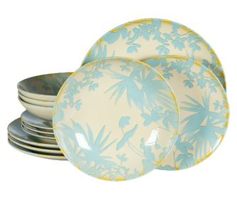 Set Complet Serviciu De Masa, Hawaii, 12 piese, Cesiro, Ivory cu frunze albastru deschis