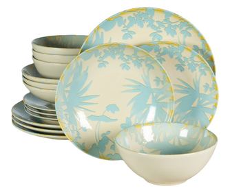 Set Complet Serviciu De Masa, Hawaii, 16 piese, Cesiro, Ivory cu frunze albastru deschis