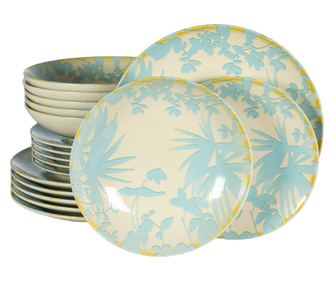 Set Complet Serviciu De Masa, Hawaii, 18 piese, Cesiro, Ivory cu frunze albastru deschis