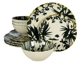 Set Complet Serviciu De Masa, Hawaii, 12 piese, Cesiro, Alb Ivoire decorat cu frunze negre