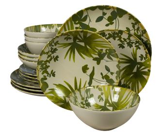 Set Complet Serviciu De Masa, Hawaii, 16 piese, Cesiro, Alb ivoire cu frunze verzi