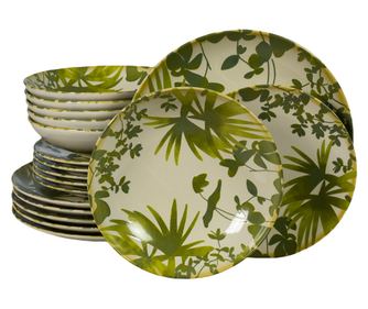 Set Complet Serviciu De Masa, Hawaii, 18 piese, Cesiro, Alb Ivoire cu frunze verzi