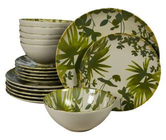 Set Complet Serviciu De Masa, Hawaii, 18 piese, Cesiro, Alb ivoire decorat cu frunze verzi