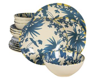 Set Complet Serviciu De Masa, Hawaii, 16 piese, Cesiro, Alb ivoire cu frunze albastru inchis