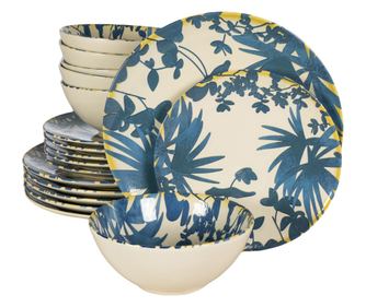 Set Complet Serviciu De Masa, Hawaii, 18 piese, Cesiro, Alb ivoire decorat cu frunze albastru inchis