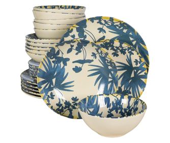 Set Complet Serviciu De Masa, Hawaii, 24 piese, Cesiro, Alb ivoire cu frunze albastru inchis