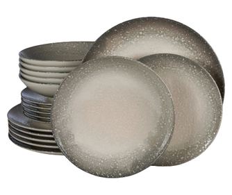 Set Complet Serviciu De Masa, Stone, 18 piese, Cesiro, Alb Ivoire cu gri