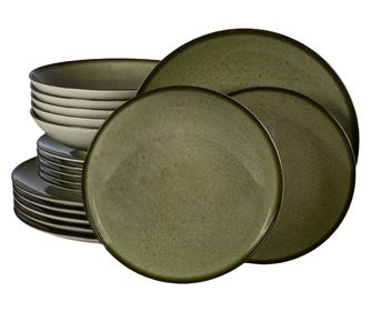 Set Complet Serviciu De Masa, Earth Green, 18 piese, Cesiro, Alb Ivoire cu verde