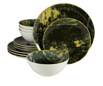 Set Complet Serviciu De Masa, Forest, 12 piese, Cesiro, Alb Ivoire lucios cu verde