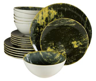 Set Complet Serviciu De Masa, Forest, 18 piese, Cesiro, Alb Ivoire lucios cu verde
