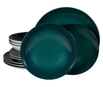 Set Complet Serviciu De Masa, Deep Water, 12 piese, Cesiro, Alb Ivoire cu turcoaz inchis