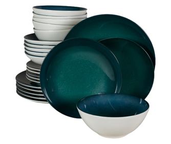Set Complet Serviciu De Masa, Deep Water, 24 piese, Cesiro, Alb Ivoire cu turcoaz inchis