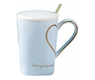 Pufo Love you Sweetheart bögre kerámia tetővel és kanál kávéhoz vagy teához, 350 ml, kék