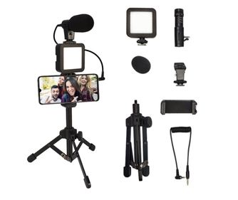 Kit de vlogging pentru filmari video Youtube, TikTok, cu trepied, microfon, panou LED, telecomanda bluetooth, suport reglabil te