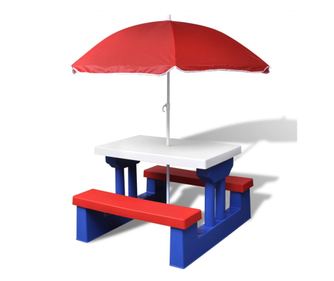 Маса за пикник за деца с пейки и чадър, многоцветна