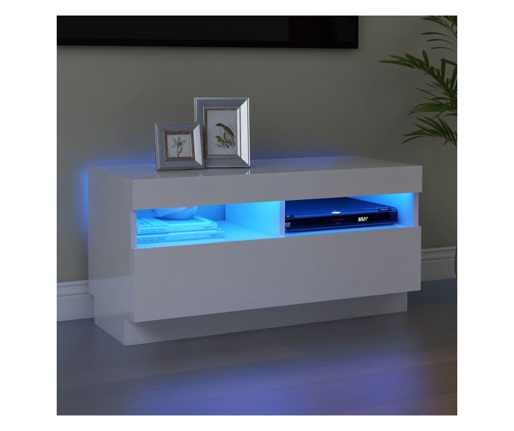 Comodă TV cu lumini LED, alb extralucios, 80x35x40 cm
