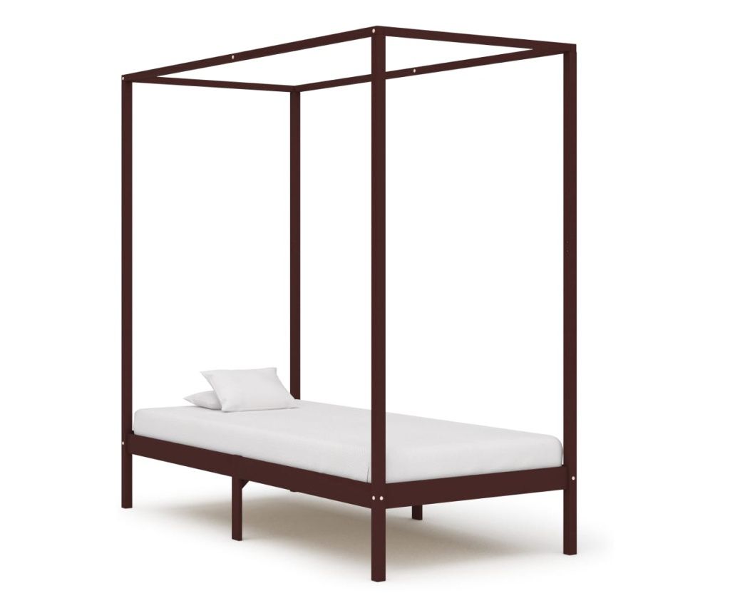 Dark Brown Canopy Bed Frame 100x200 cm Solid Pinewood