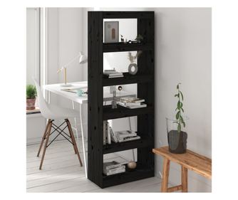 Knjižna omara/pregrada za sobo, črna, 60x30x167,5 cm, masivni borov les