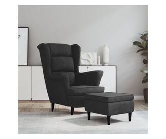 Fotelj z naslonjalom v obliki krila in taburejem, temno zelena, žamet