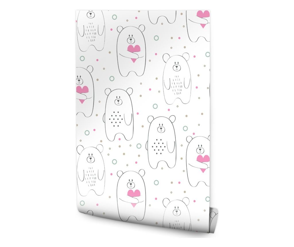 Delicate White TEDDY BEARS Hearts Sketch Decor Wallpaper 0.53x10m