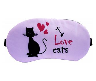 Masca pentru dormit sau calatorie, cu gel detasabil, Pufo Cat lover, 20 cm, roz