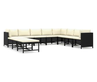 Градински комплект с възглавници, 11 части, черен полиратан