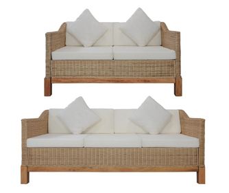 Комплект дивани с възглавници, 2 броя, естествен цвят, ратан