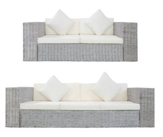 Комплект дивани с възглавници, 2 броя, сив, естествен ратан