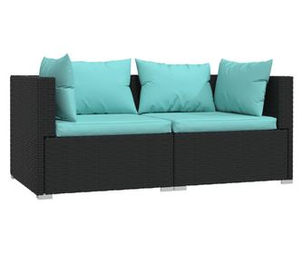 2-местен диван с възглавници, черен, полиратан