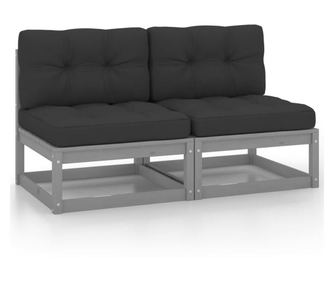 Canapele de mijloc gradina cu perne 2 buc., gri, lemn masiv pin