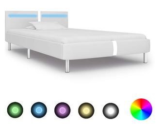 Рамка за легло с LED, бяла, изкуствена кожа, 90x200 cм