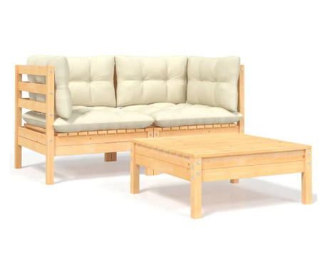 Set mobilier gradina cu perne crem, 3 piese, lemn masiv de pin