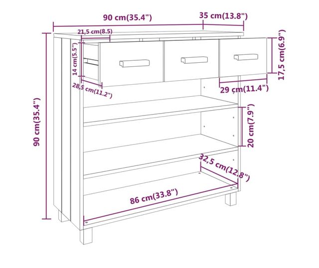 Masuta consola, maro miere, 90x35x90 cm, lemn masiv de pin