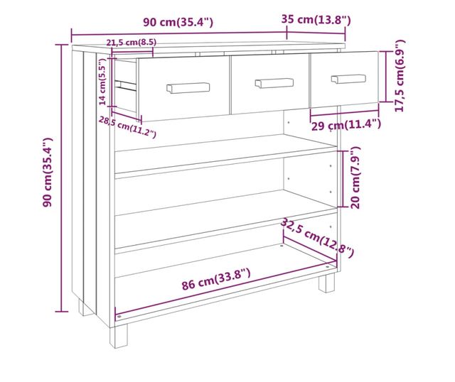 Masuta consola, alb, 90x35x90 cm, lemn masiv de pin