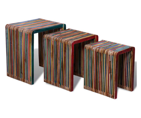 3 db egymásba tolható tömör újrahasznosított tíkfa asztal