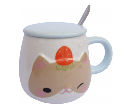 Чаша Pufo Cat с керамичен капак и чаена лъжичка за кафе или чай, 350 ml, синя