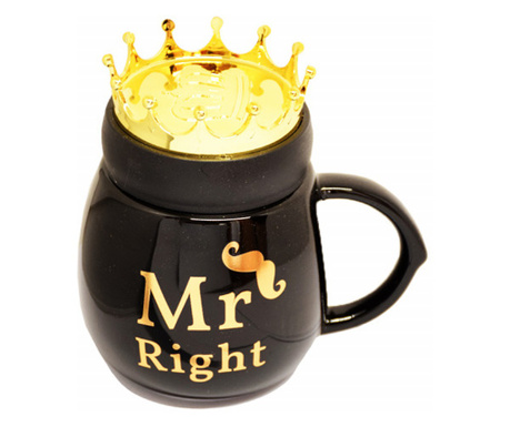 Pufo Mr Right керамична чаша с капак, за кафе или чай, 500 мл, черна