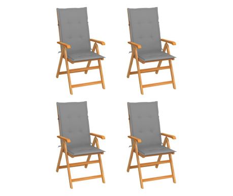 Vrtni stoli z sivimi blazinami, 4 kosi, masivni tikov les