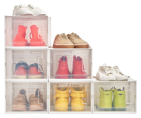 Set 6 cutii organizatoare pantofi, HomeBuddy, modulare, depozitare incaltaminte marime 48, gauri de aerisire, transparent, 2 sac