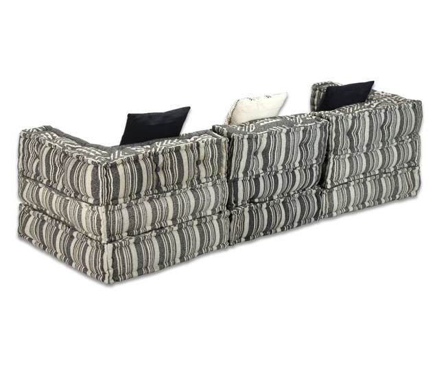 Canapea puf modulară cu 3 locuri, gri cu dungi, material textil