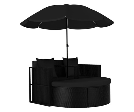 Pat de grădină cu umbrelă de soare, negru, poliratan