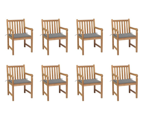 Градински столове 8 бр със сиви възглавници тиково дърво масив