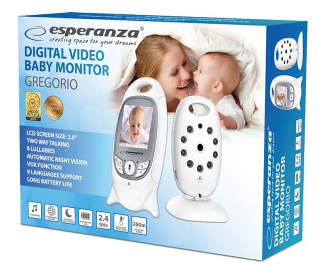 Бебефон с камера Esperanza EHM001, 50 метра, Батерия 20ч, Термометър, Нощно виждане, LCD екран, Бял