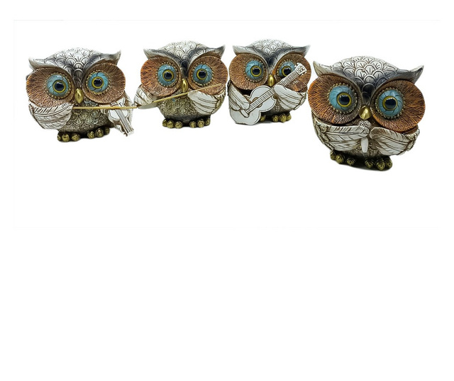 Set 4 statuete The Owl Band, design trupa muzicala, forma bufnite, din rasina, crem, accente aurii, 10x10 cm, Doty