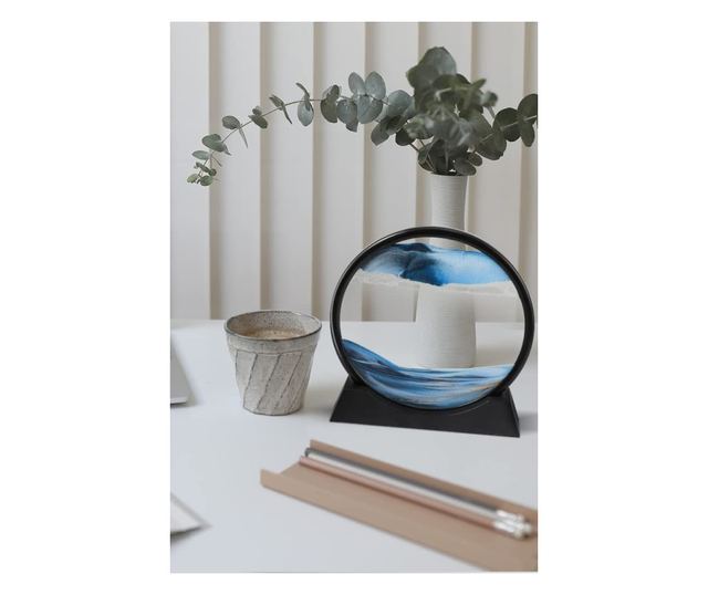 Obiect decorativ pentru birou BlueScene Sand, tip tablou cu nisip miscator, 3D, clepsidra, antistres, 17 cm, negru/albastru, Dot