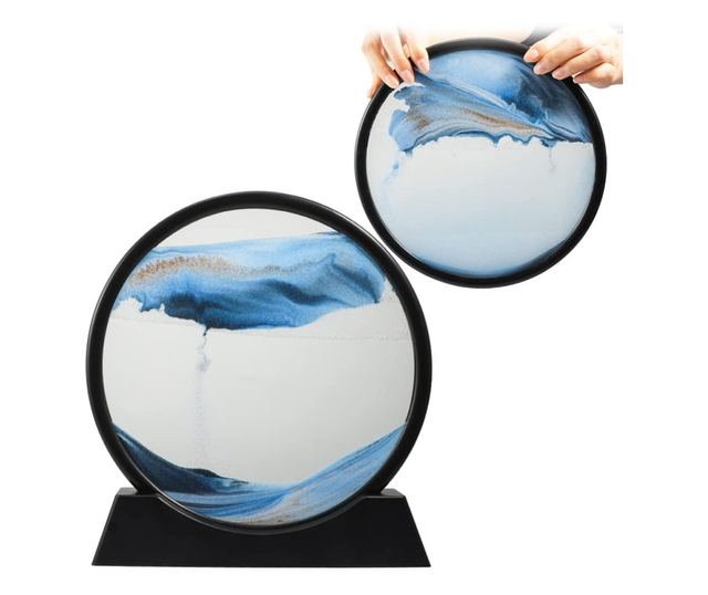 Obiect decorativ pentru birou BlueScene Sand, tip tablou cu nisip miscator, 3D, clepsidra, antistres, 17 cm, negru/albastru, Dot