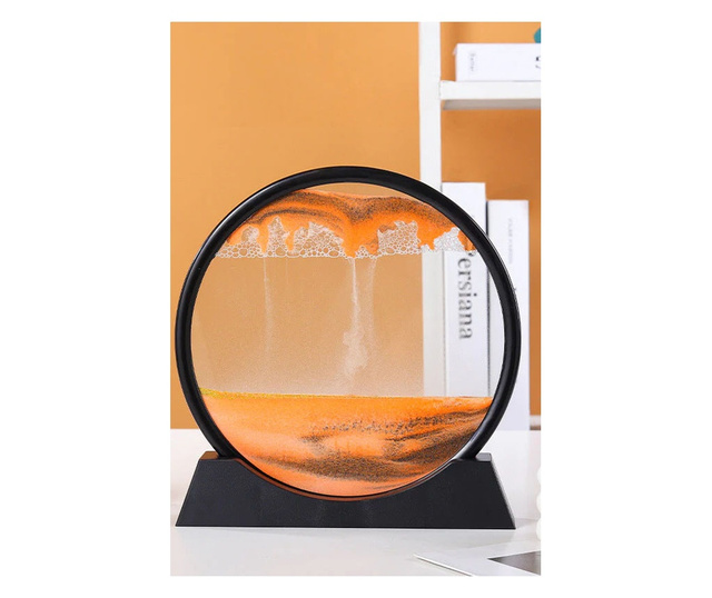 Obiect decorativ pentru birou OrangeScene Sand, tip tablou cu nisip miscator, 3D, clepsidra, antistres, 17 cm, portocaliu/negru,